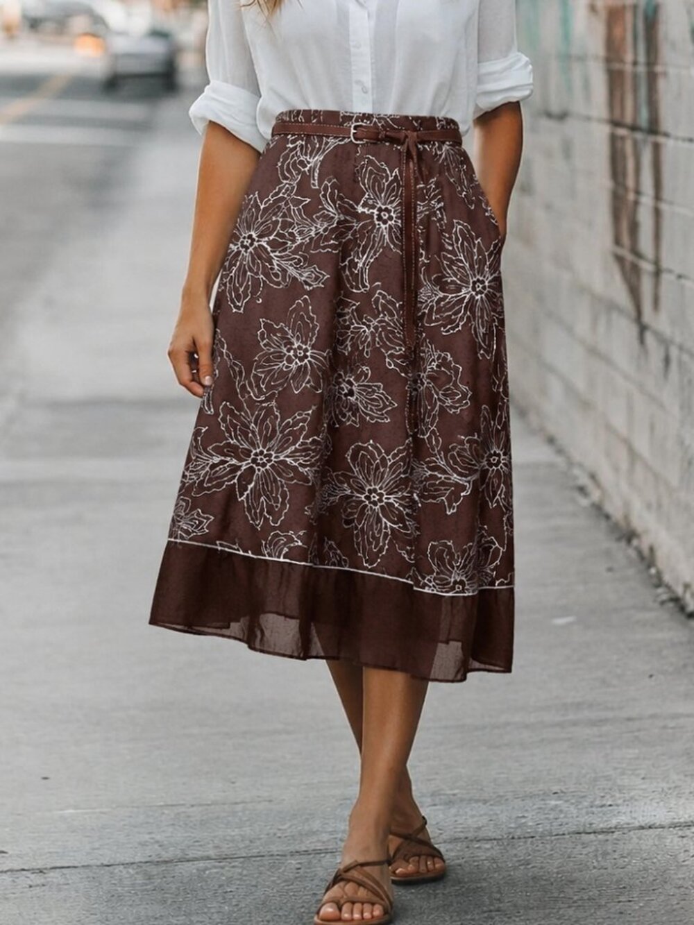 Pure cotton Nygard Brown Midi Skirt | Romantic Boho | Embroidered Detail